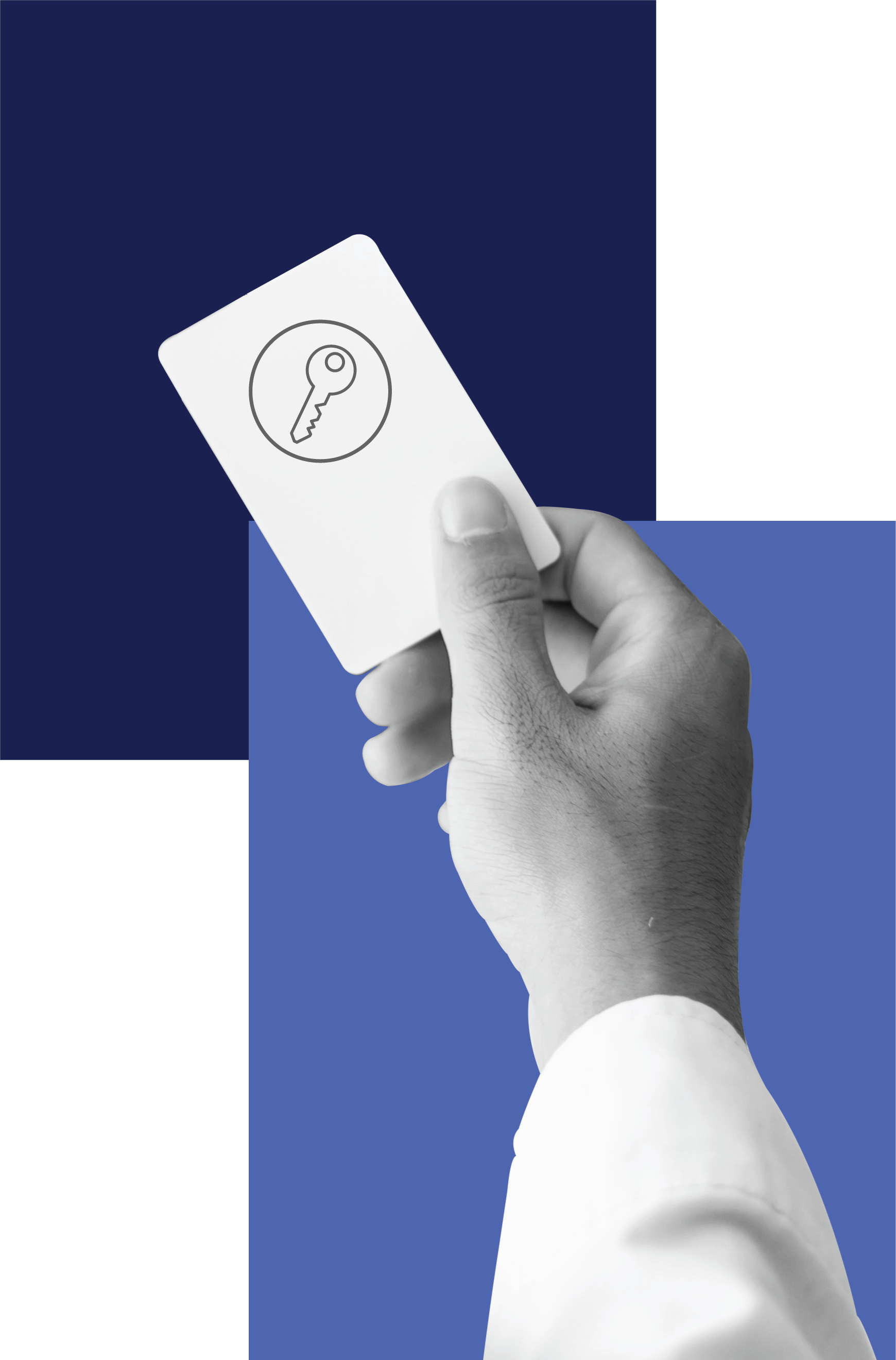 A hand holding a key card against a blue background