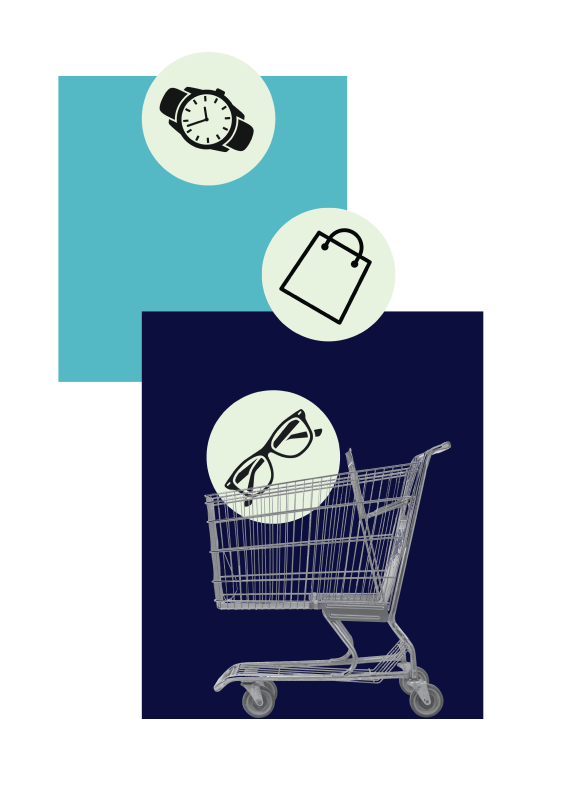 Illustration of a watch, purse, and eyeglasses falling into a shopping cart, illustrating Lenskart’s eCommerce success.